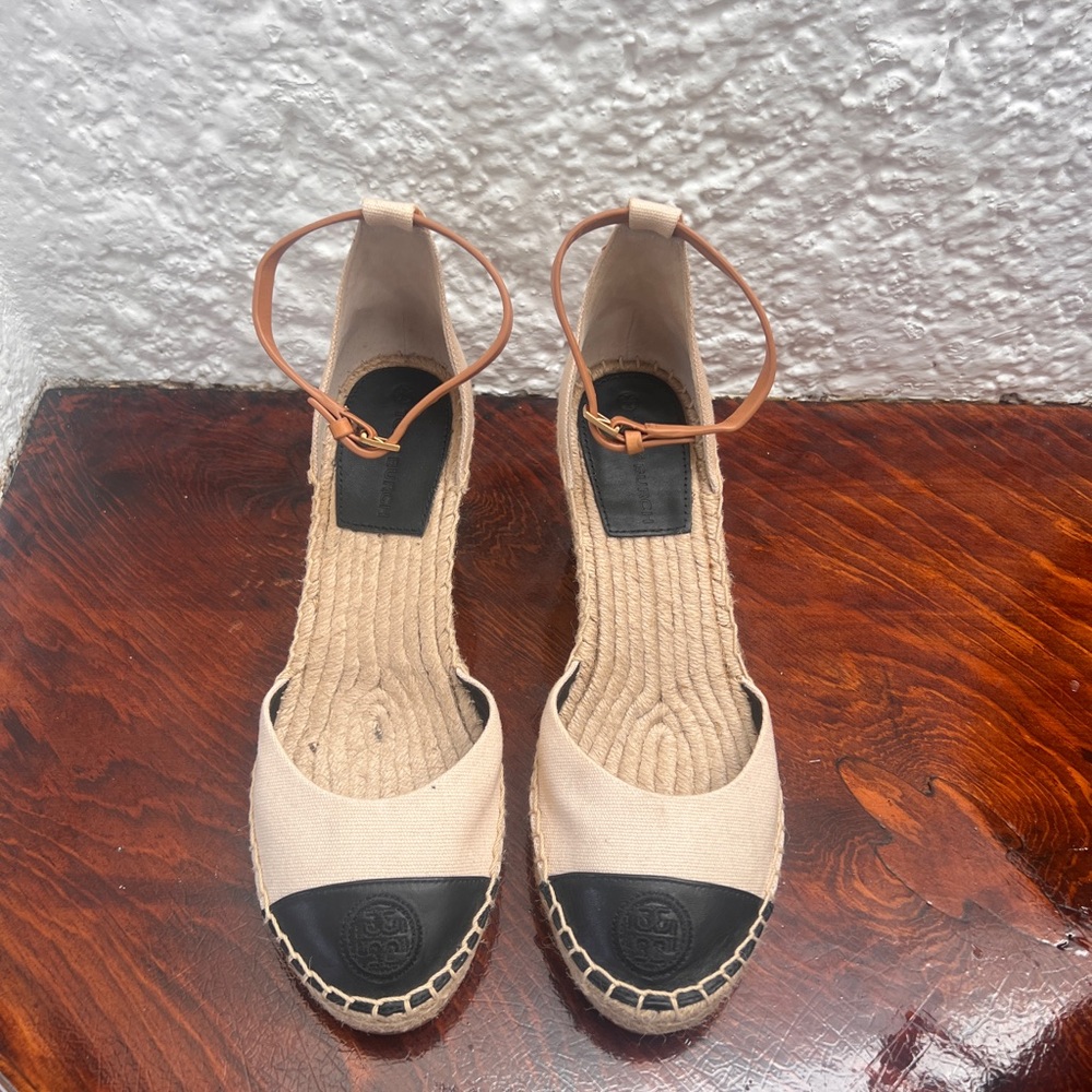 Tory Burch Beige Canvas Espadrille Wedges with Black Cap Toe and Tan Ankle Strap